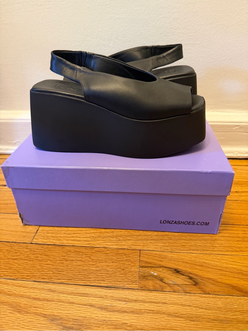 LONZA Black Leather Platform Slingback Sandals Size 37